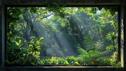 Forest Canopy: A window looking out onto a lush forest canopy, with tall trees reaching towards the sky and sunlight filtering through the leaves, creating a sense of awe and wonder at the beauty of
