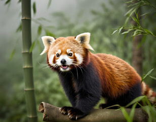 red panda eating bamboo, red panda in tree