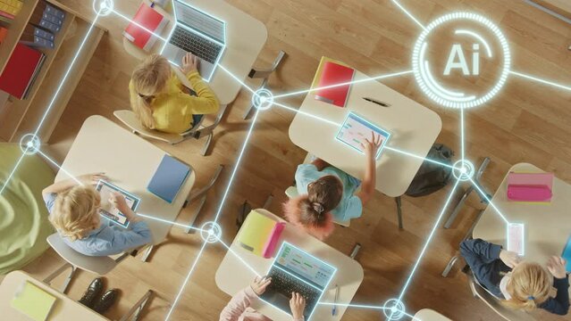 Top-down View of Children in Classroom Use Tablets and Laptops, Connectivity by Lines of AI Data, Information. Diverse Kids Study with Interactive E-Learning, Modern Education, Digital Literacy