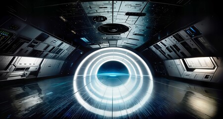 Futuristic room with circular light in the center and blue light in the middle of the room, science fiction, space art.