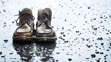 Rainy Shoes on White Background Symbolize Difficult Life Journey
