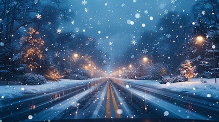 Snowflakes gently falling and accumulating on the windshield, creating a cozy winter driving scene. Illustration, Minimalism,