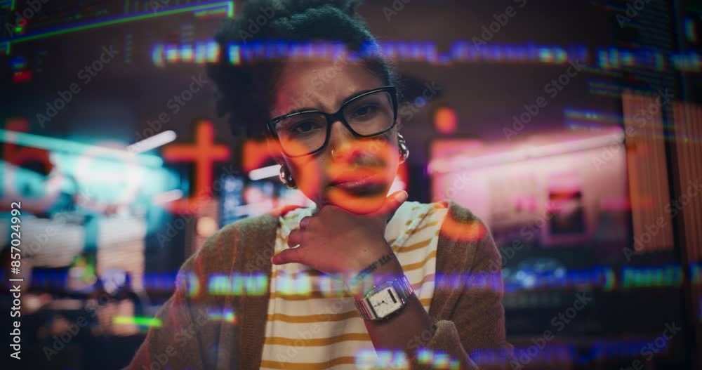 Fototapete Female Programmer Shows Confused Emotion While Problem Solving, Working on Coding Using Hologram Screen in Office, Writing Complex Code and Data Streams. Emotional Scene of Problem Solving.