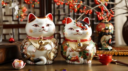 Fototapeta premium Whether used as talismans for good fortune or simply as decorative accents, traditional cat decorations hold a timeless appeal that transcends cultural boundaries and delights admirers of all ages.