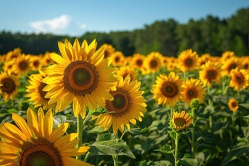 A field of sunflowers in full bloom, with a clear blue sky overhead. 
