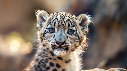 Fototapeta premium With its soulful eyes and endearing expression, the snow leopard cub's portrait evokes a sense of connection and empathy, reminding us of the importance of preserving 