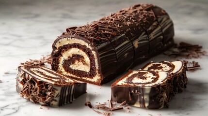 A beautifully presented chocolate log cake roll with several slices cut, displayed on a clean, minimalist background