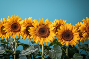 Obraz premium A field of sunflowers in full bloom, with a clear blue sky overhead. 