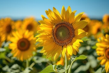 Fototapeta premium A field of sunflowers in full bloom, with a clear blue sky overhead. 