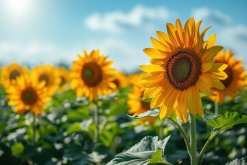 Obraz premium A field of sunflowers in full bloom, with a clear blue sky overhead. 