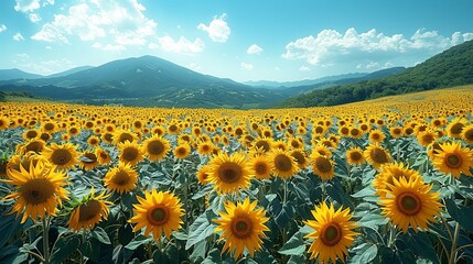Obraz premium A field of sunflowers swaying in the breeze, their bright yellow petals creating a cheerful scene as seen from the car window. Illustration, Minimalism,