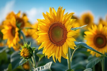 Obraz premium A field of sunflowers in full bloom, with a clear blue sky overhead. 
