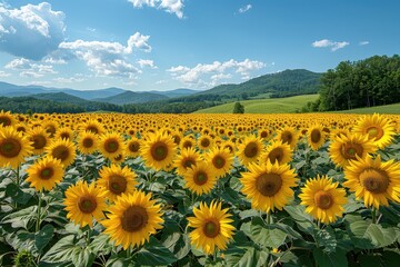 A field of sunflowers in full bloom, with a clear blue sky overhead. 