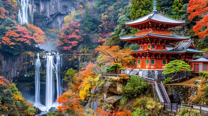 Obraz premium Kumano Nachi Taisha Shrine with Waterfalls, Autumn Season, Kumano, Japan