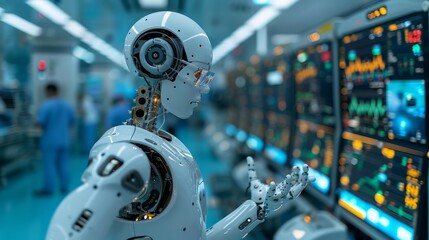 Fototapeta premium A robotic arm equipped with AI capabilities assists in the accurate placement of medical implants, overseen by a healthcare expert, illustrating technological precision.