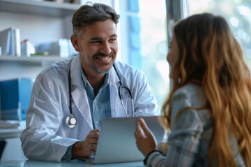 Fototapeta premium A happy and approachable male doctor is in his medical office at the hospital, displaying test results on a laptop screen and discussing them with a young female patient
