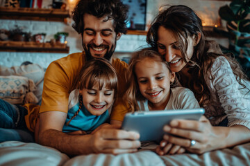 Fototapeta premium A Happy Young Family Enjoying Fun Time Together at Home, with Parents and Children Using a Digital Device.