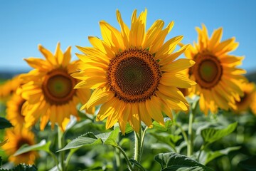 Fototapeta premium A field of sunflowers in full bloom, with a clear blue sky overhead. 
