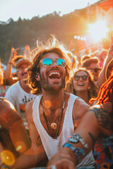 A joyful crowd of men and women, young adults, laughing in celebration at sunset, experiencing fun at a concert during an unforgettable summer music event.
