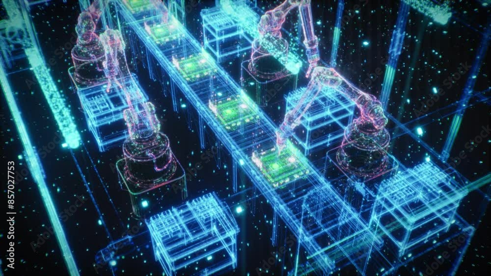 Poster Autonomous Robotic Arms Efficiently Assemble Electronic Components on a High-tech Production Line, Computer Vision and AI-driven Manufacturing Processes in a Futuristic Factory. Zoom Out Cinematic