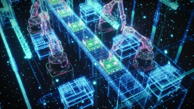 Autonomous Robotic Arms Efficiently Assemble Electronic Components on a High-tech Production Line, Computer Vision and AI-driven Manufacturing Processes in a Futuristic Factory. Zoom Out Cinematic