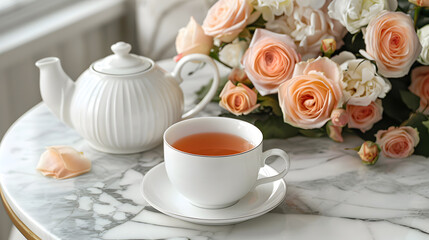 Fototapeta premium Elegant White Teapot and Teacup with Fresh Roses on Marble Table in Sunlit Room