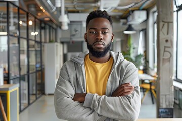 Obraz premium Portrait of a young successful Afro American men and programmer, standing in an office center.