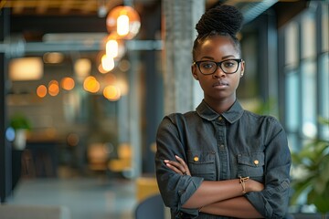 Naklejka premium Portrait of a young successful Afro American woman and programmer, standing in an office center.