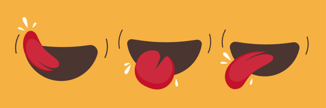 Yummy delicious tasty eat mouth with tongue icon vector graphic smile illustration set, passion lick simple element cute funny cartoon isolated image clip art