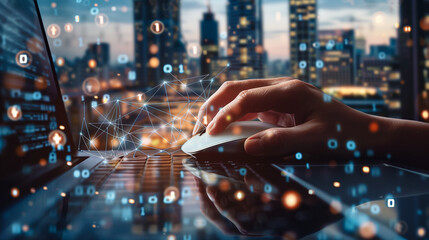 A hand uses a mouse on a laptop amidst a cityscape, with digital data streams overlaying the scene, symbolizing the seamless integration of urban living and advanced technology.