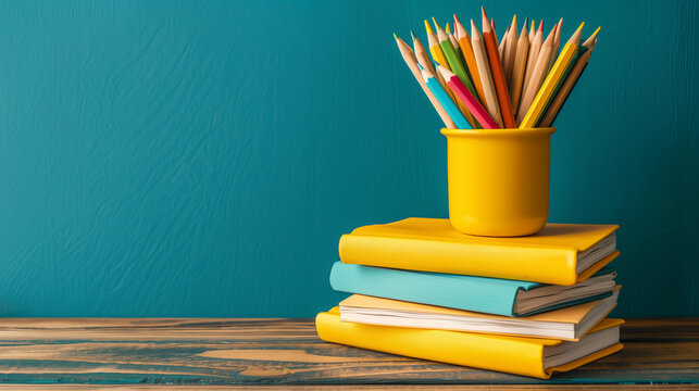 stack of yellow books and a pot of pencils on the school table on blue chalkboard background