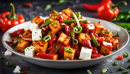 Chilli paneer or Spicy cottage cheese, served with capsicum and onion, favourite indian starter menu, selective focus
