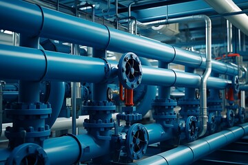 Industrial zone, Steel pipelines and equipment in blue toned image