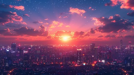 Fototapeta premium A bustling city skyline illuminated against the night sky, with the car driving through the urban landscape as lights twinkle below. Illustration, Minimalism,