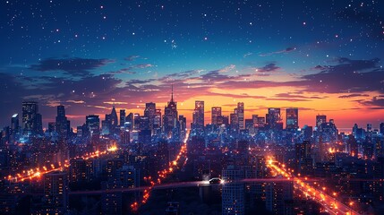 Fototapeta premium A bustling city skyline illuminated against the night sky, with the car driving through the urban landscape as lights twinkle below. Illustration, Minimalism,