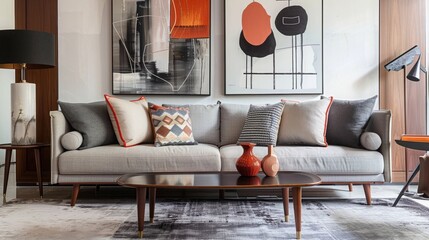 Clean lines mid-century sofa with patterned pillows in modern living space