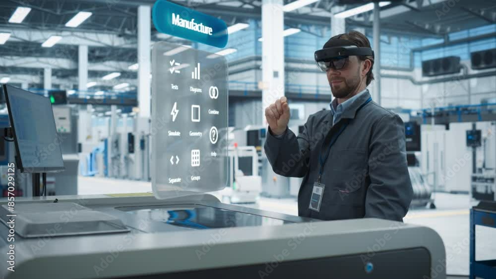 Poster Male Engineer Uses Augmented Reality Headset to Interact With Complex 3D Holographic Model of Silicon Microchip in an Advanced Manufacturing Facility, Precision Engineering of PC Hardware in Factory