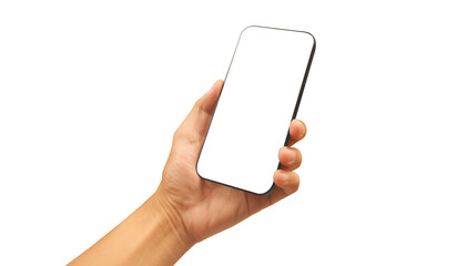 Hand holding smartphone device and touching screen