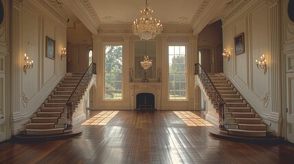 The grandeur of a historic mansion's foyer, with a sweeping staircase, intricate moldings, and a sparkling chandelier, evoking a sense of timeless elegance. Illustration, Minimalism,