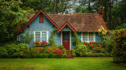 Quaint blue cottage with red roof, surrounded by a lush flower garden, nestled in a tranquil, green landscape.