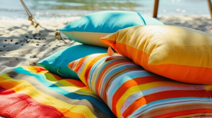 A snapshot of colorful beach towels and cushions reminding readers to bring comfortable seating options for maximum relaxation during their picnic.