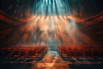 Empty concert hall with red seats and bright beams of spotlights. Generated by artificial...