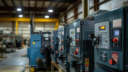 Row of industrial machinery in a large warehouse, showcasing equipment used in manufacturing and production processes.