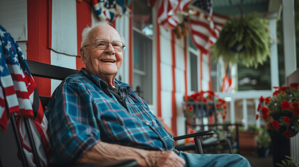 an elderly man sitting on his front porch with American flag decorations