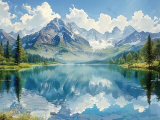 Peace: A serene mountain lake with perfectly still water reflecting the surrounding peaks. 