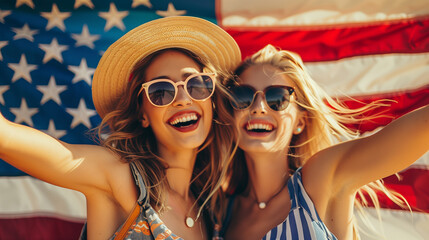 two blonde women best friends wearing summer outfits with sunglasses dancing against the American flag background at the summer festival 