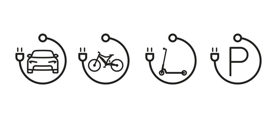 A set of icons of charging stations for an electric vehicle bicycle, scooter, etc. Parking lot for charging vehicles.