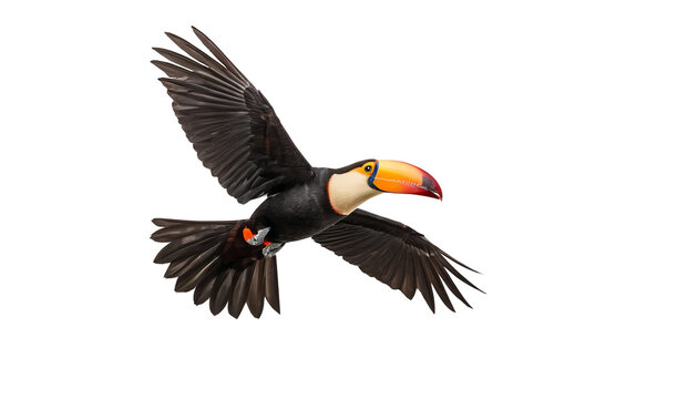 Vibrant Toucan in Flight: A Splash of Color Against a White Background - Powered by Adobe