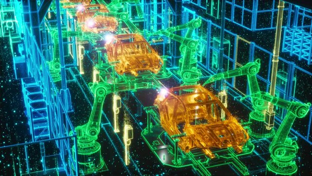 Robotic Arms Autonomously Assemble Car Frames in a Futuristic Factory, Advanced AIand Computer Vision for Precision. This High-tech Process Showcases the Future of Automotive Manufacturing.