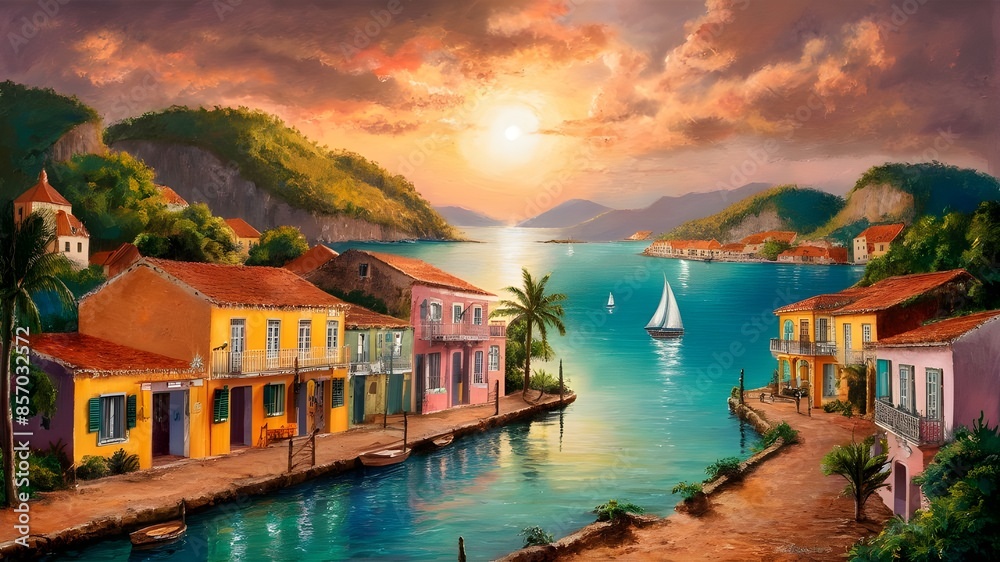 Wall mural Atmospheric landscape of a small town by the caribbean sea, oil painting illustration